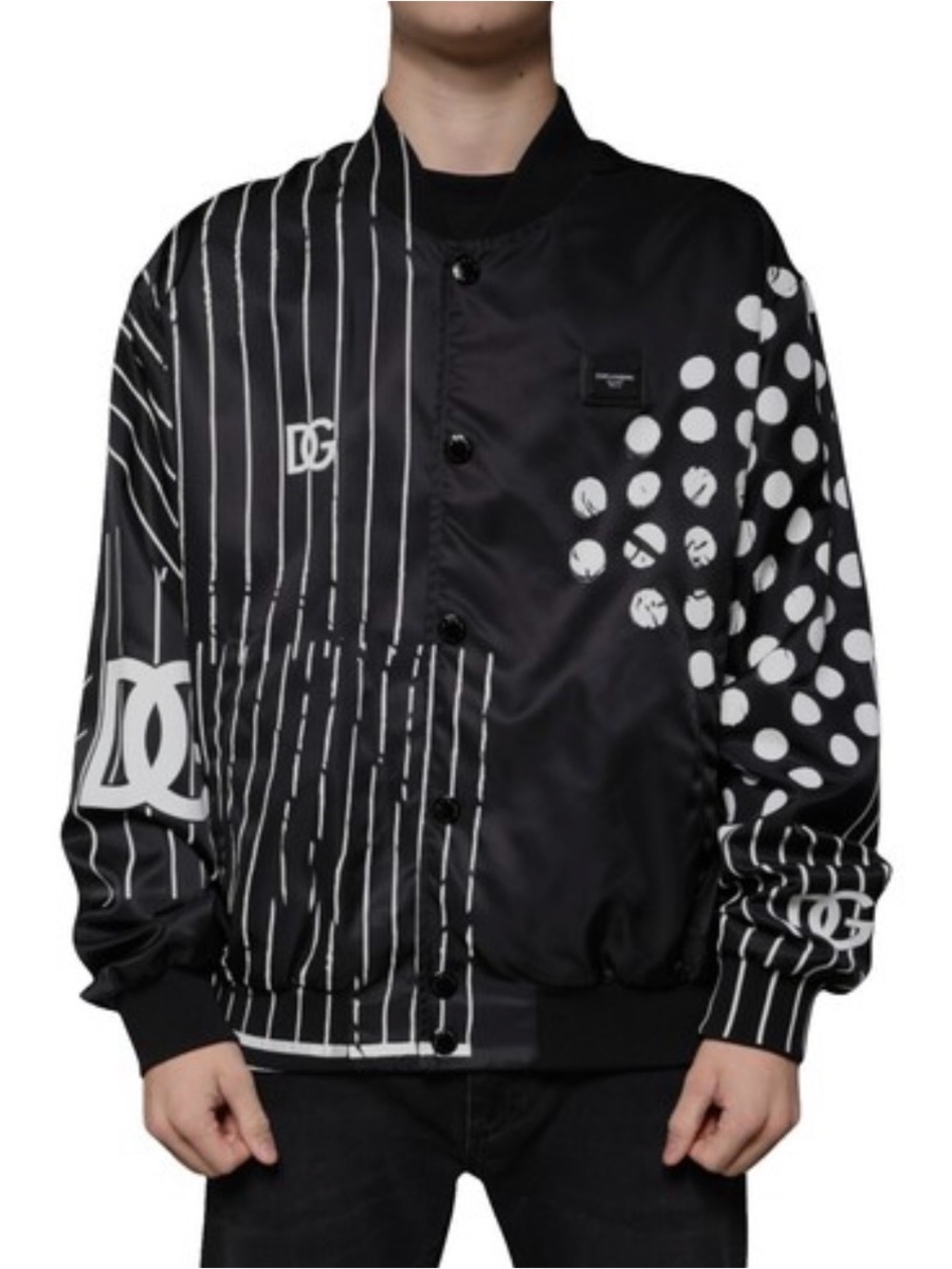 Limited Edition Dolce & Gabbana Black and White Graphic Satin Bomber Jacket